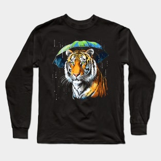 Siberian Tiger Rainy Day With Umbrella Long Sleeve T-Shirt